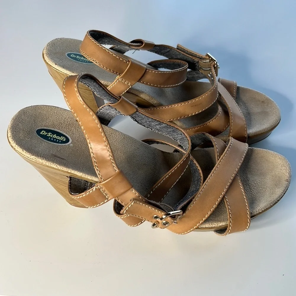 Dr. Scholl’s Band Platform Sandals Tan Leather Strappy Wooden Heel Size 10